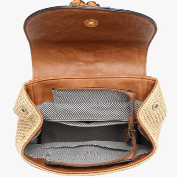 Brown White Cow Print Western Woven Backpack Brown Vegan Leather Detail - Picture 4 of 4